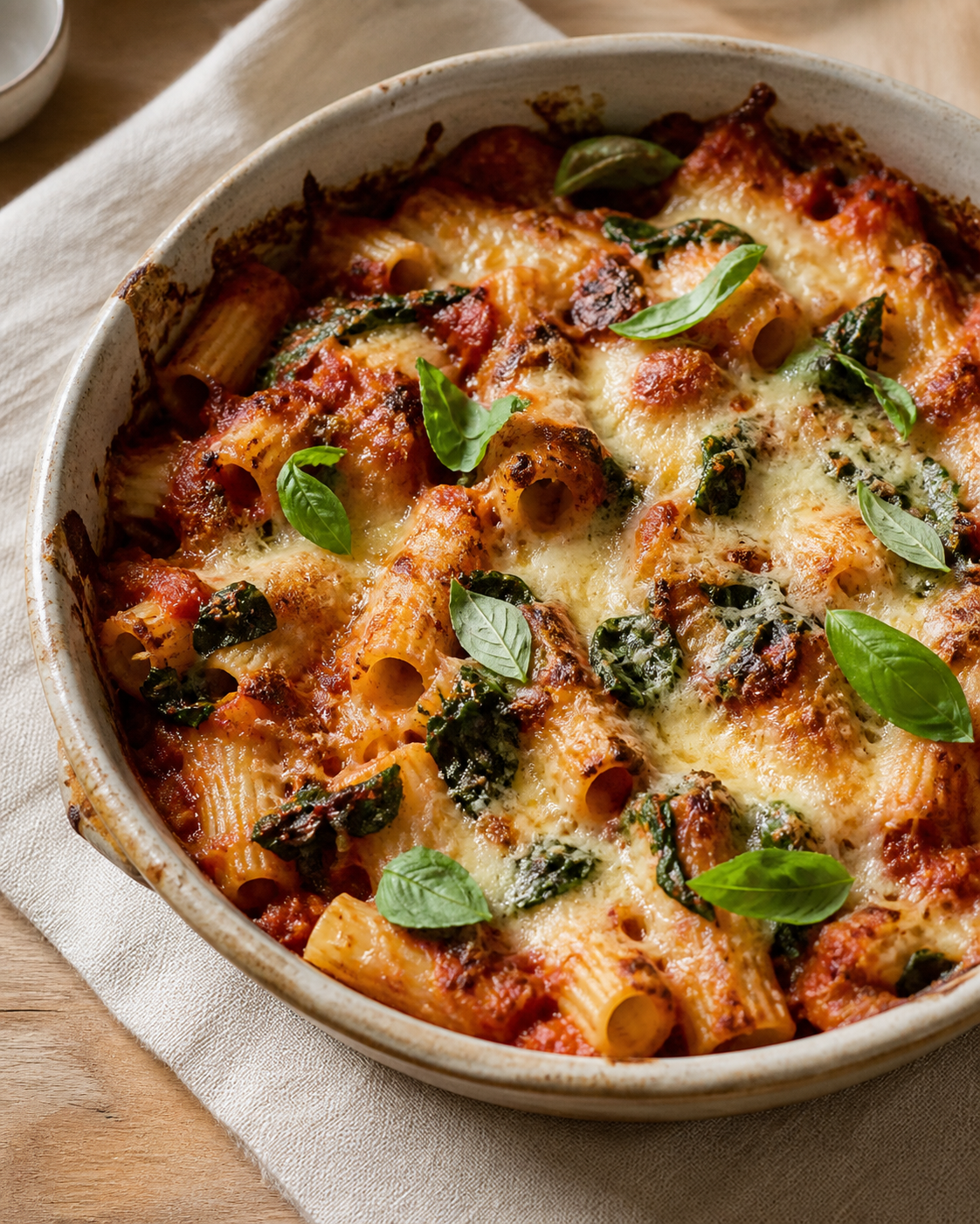 Garden baked pasta with tomato, greens, parmesan and basil