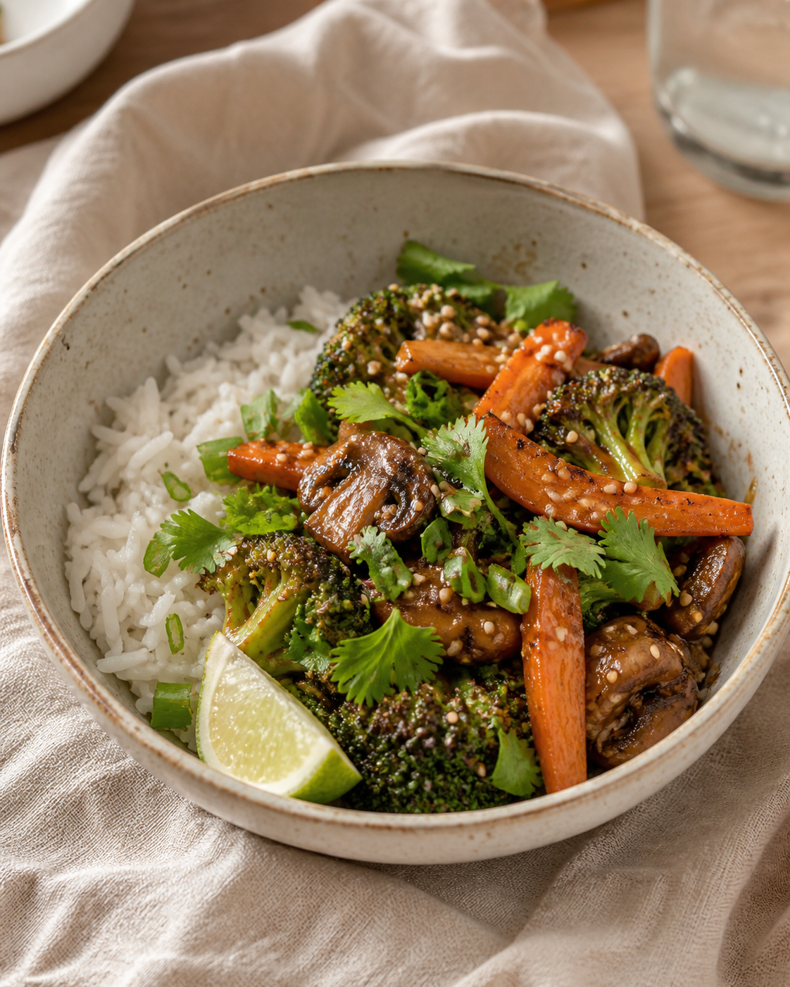 Ginger sesame vegetable bowl with fragrant rice and herbs