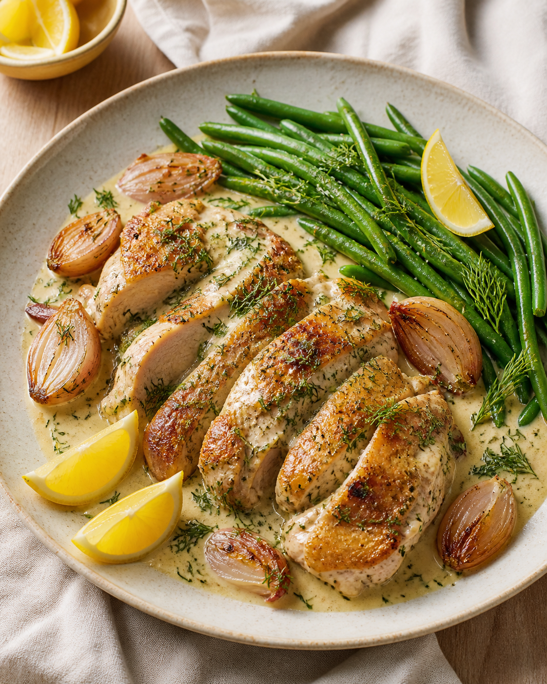 Lemon-dill chicken with roasted shallots and green beans