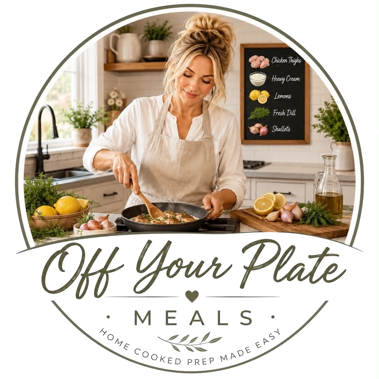 Off Your Plate Meals logo featuring a personal cook preparing lemon dill chicken in a bright home kitchen